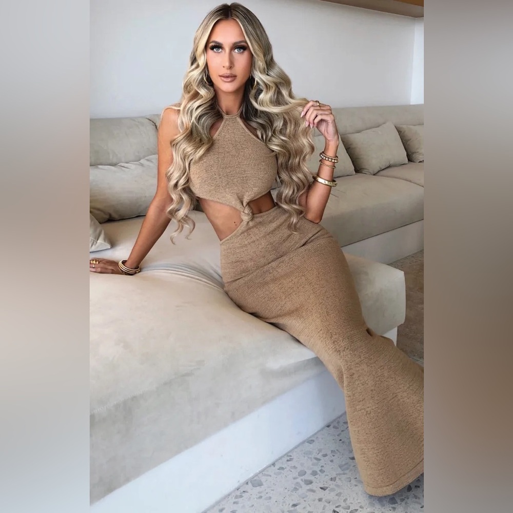 Babyboo Martini Cutout Knit Halter Maxi Dress Beige XL
